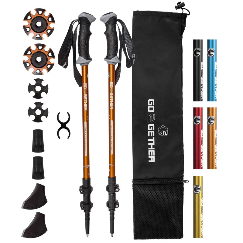 G2 GO2GETHER G2 Trekking Hiking Poles Telescopic/Aluminum Alloy/Comfort Handle/Auto-Adjustable Strap/Quick Flip Lock/Snow Baskets Attached (Pack of 2 Poles) (Orange & Black) - Image 1